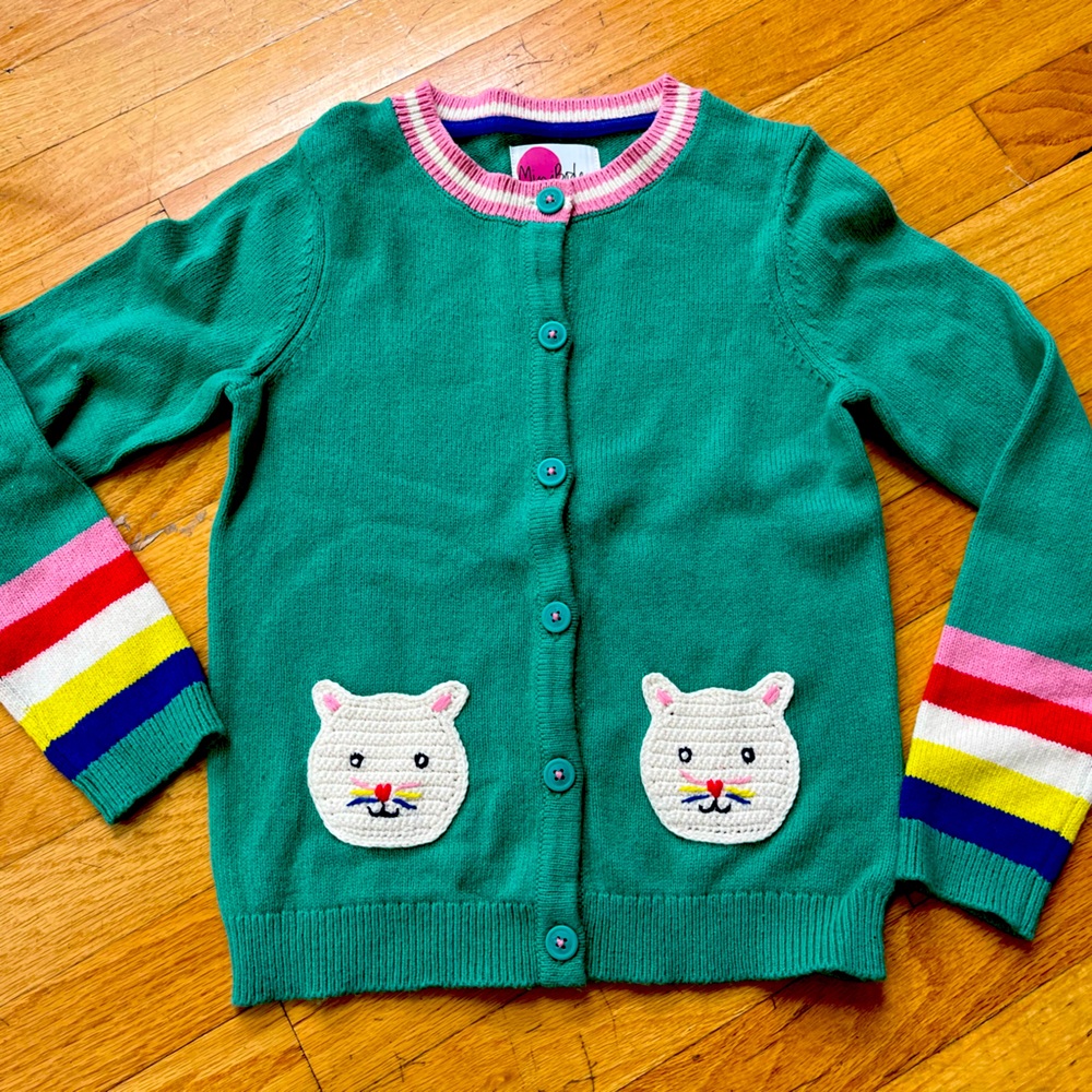 Girl mini boden green cat cardigan. Size 7-8